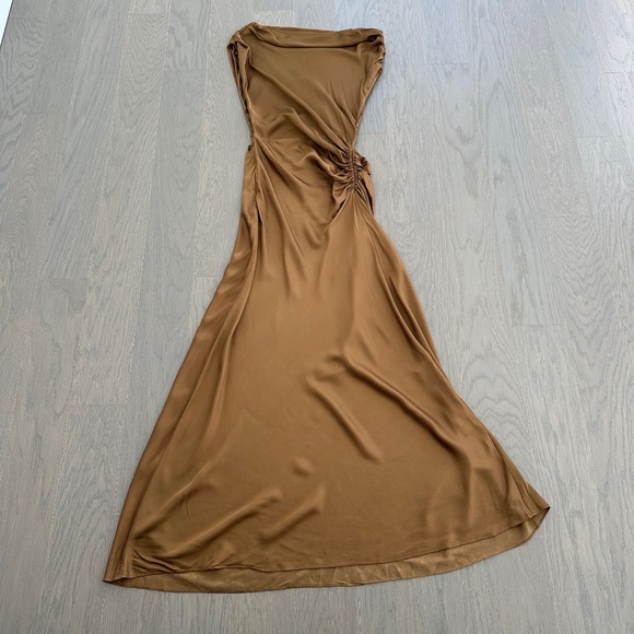 A.L.C. Penny Dress Draped Shoulder Brown Satin Maxi Gown - Size 2 - ALC Mocha - Picture 2 of 14